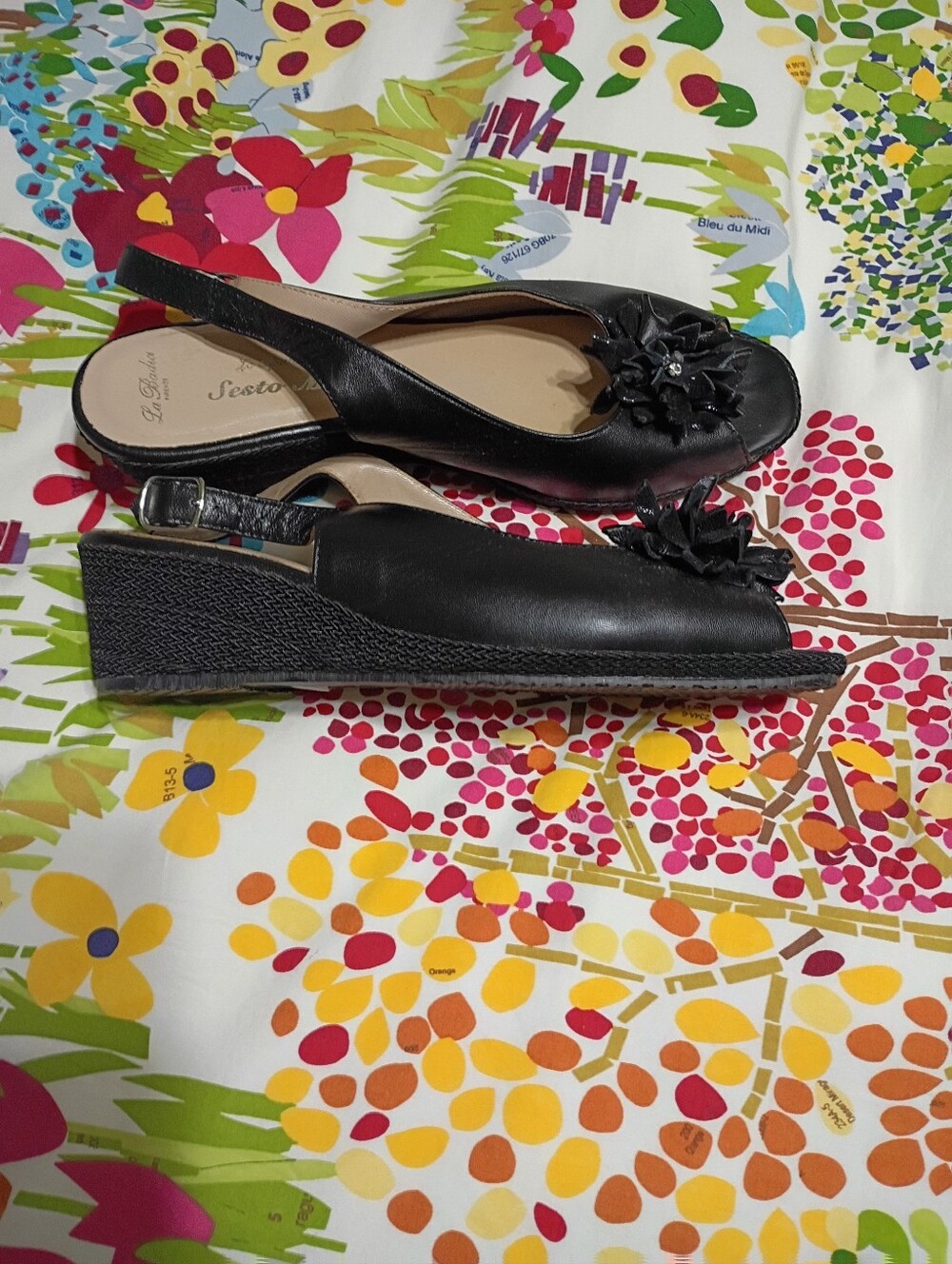 Sesto Meucci Black Open Toe Slingback Wedge Sandals  With Flower Size 10